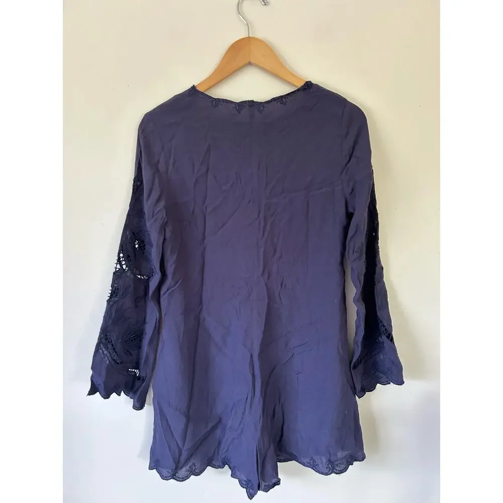 ASTR The Label womens romper size XS navy lace 3/4 sleeve v neck button front